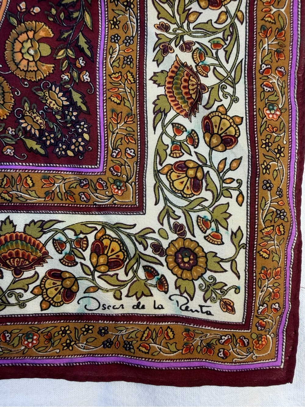 Oscar De La Renta Burgundy and Goldenrod Square Scarf 25”x25” - Picture 2 of 7